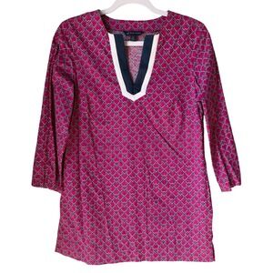 346 Brooks Brothers Tunic Fushia Navy Geo Print V-Neck Ribbon Trim 100% Cotton M